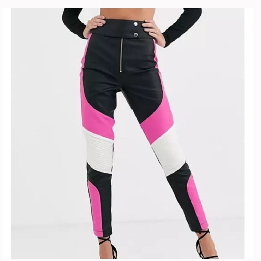 ASOS Design Women's Faux Leather Moto Biker Pant in Black and Pink Size 4